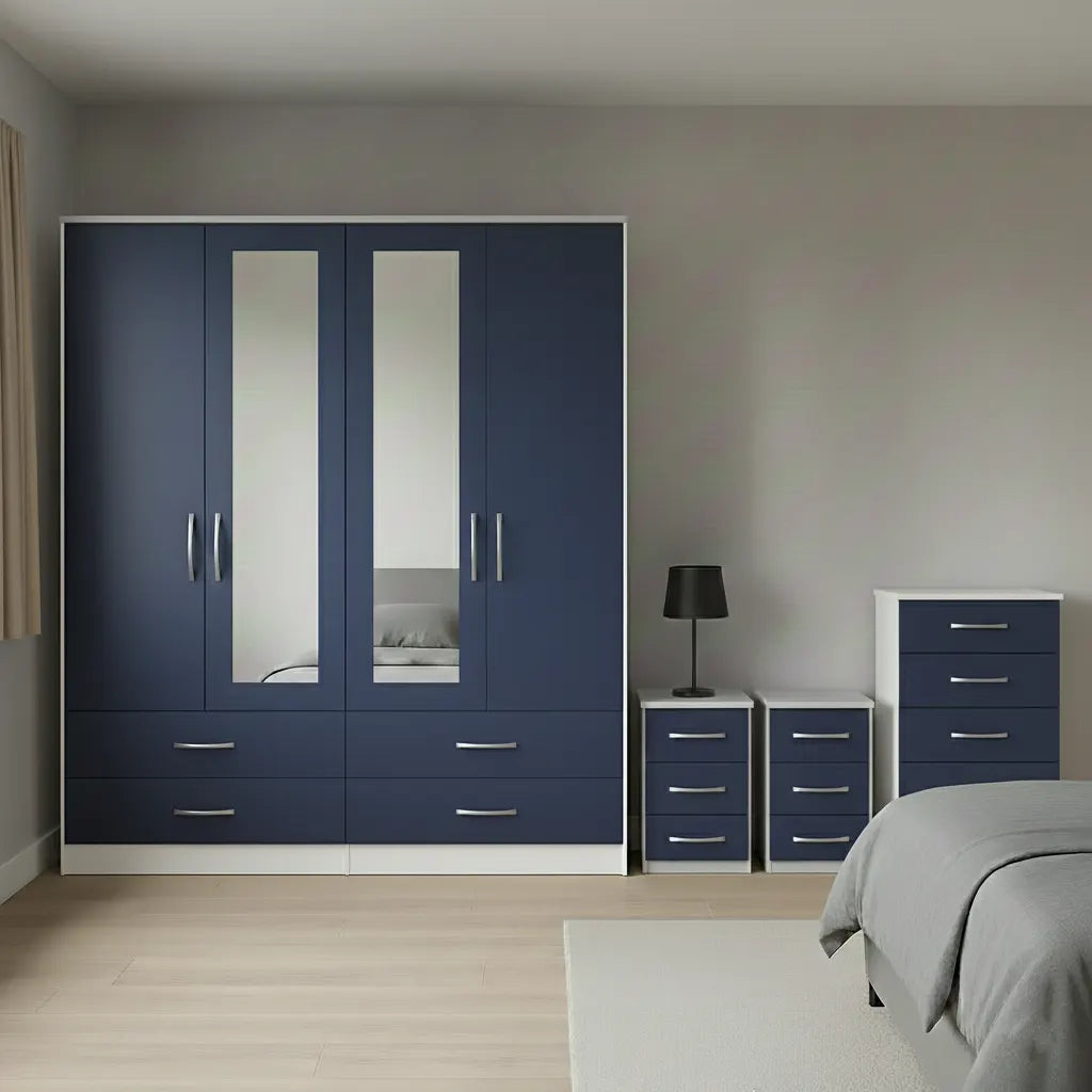 4 Door Mirror Wardrobe with 1 Chest and 2 Sidetables
