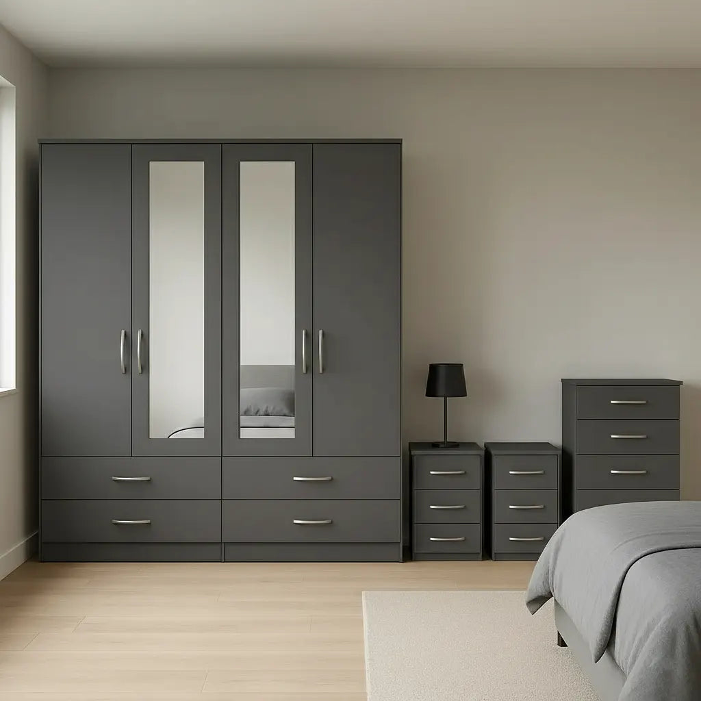 4 Door Mirror Wardrobe with 1 Chest and 2 Sidetables