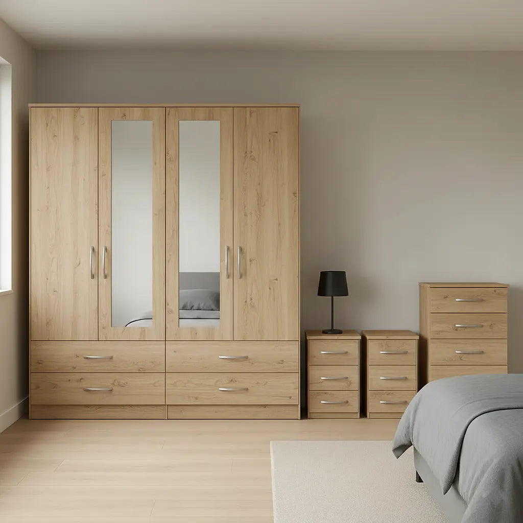 4 Door Mirror Wardrobe with 1 Chest and 2 Sidetables