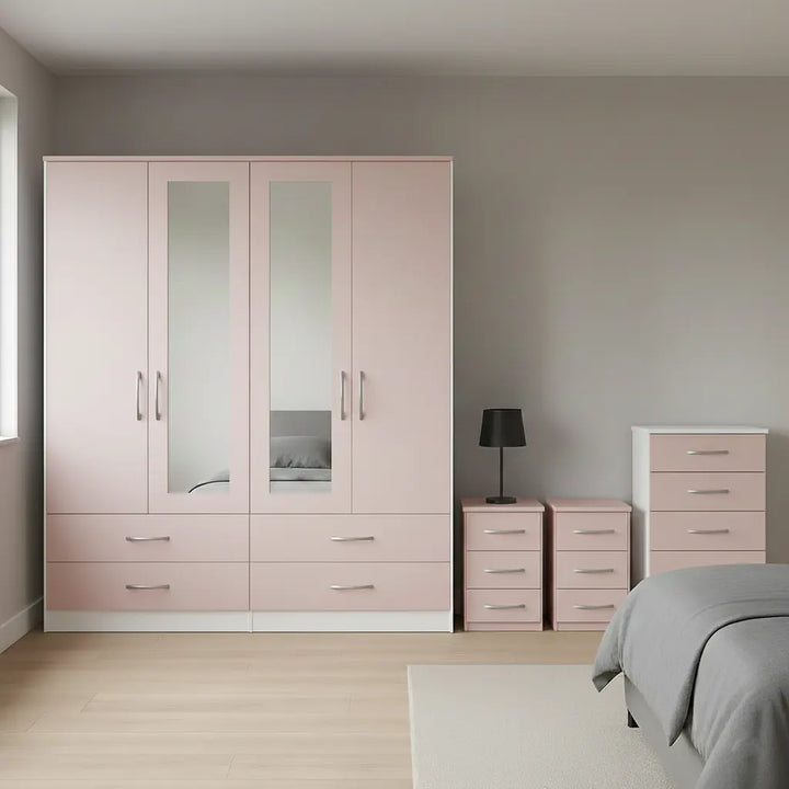 4 Door Mirror Wardrobe with 1 Chest and 2 Sidetables