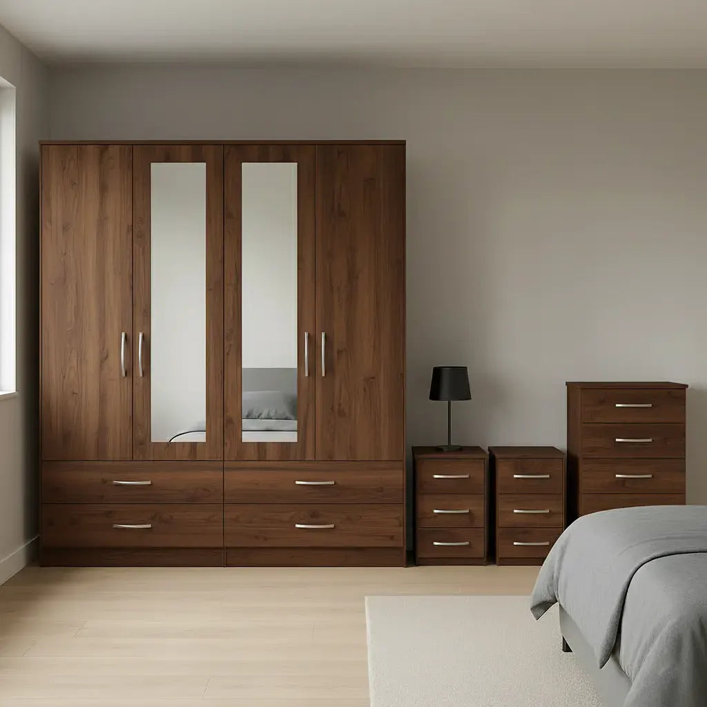 4 Door Mirror Wardrobe with 1 Chest and 2 Sidetables