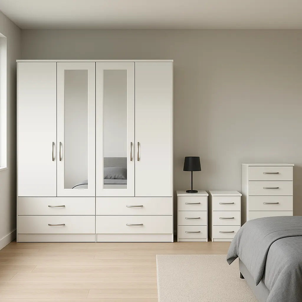 4 Door Mirror Wardrobe with 1 Chest and 2 Sidetables