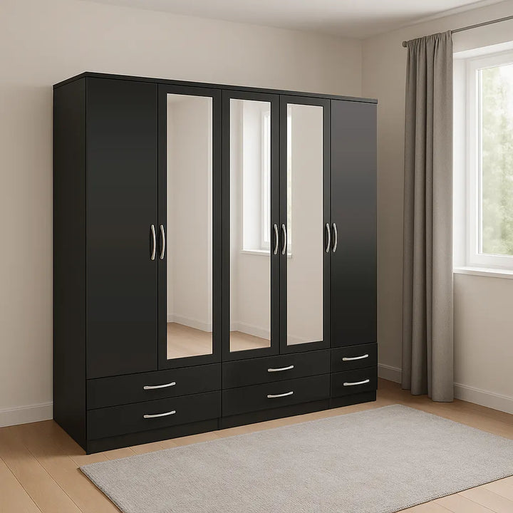 Classic 5 Door Wardrobe with 3 Mirrors & 6 Drawers