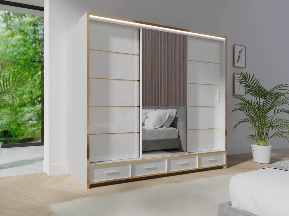 White Sliding Wardrobe with Mirror 256cm – Modern Space-Saving Design