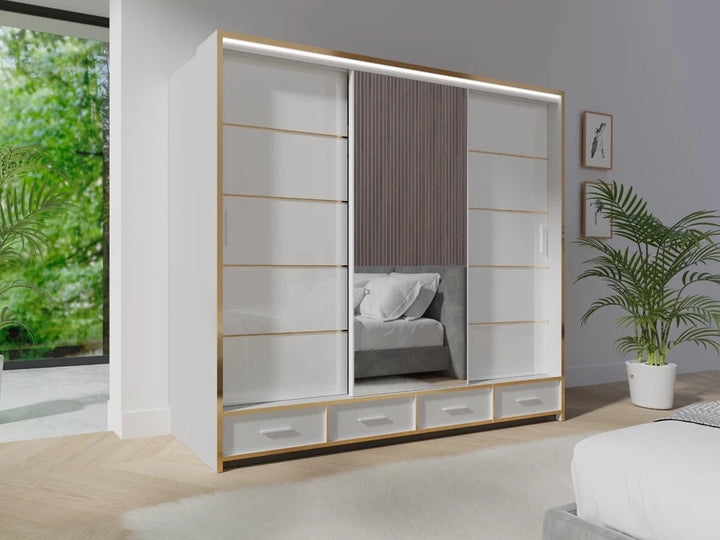 White Sliding Wardrobe with Mirror 256cm – Modern Space-Saving Design