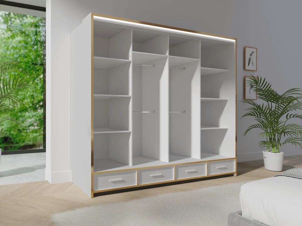 White Sliding Wardrobe with Mirror 256cm – Modern Space-Saving Design
