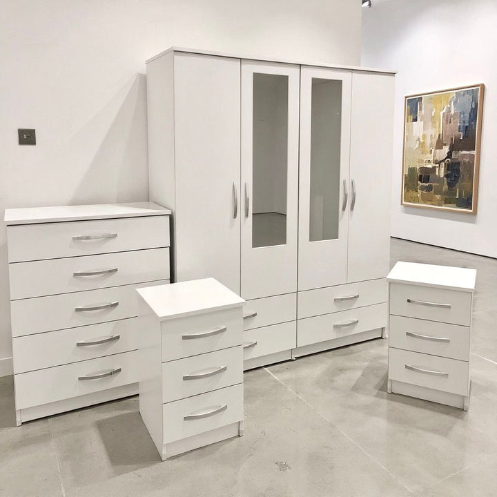 4 Door Wardrobe Bedroom Furniture Set with Chest of Drawers &amp; Bedside Tables – Fully Assembled